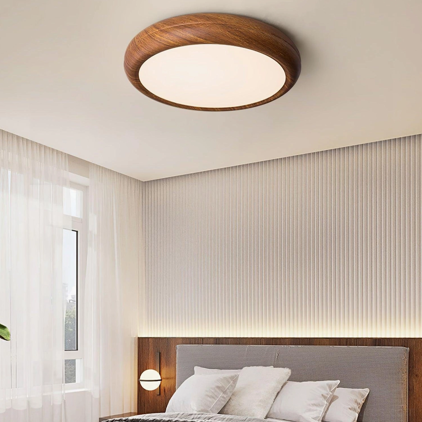 Compact walnut wood grain ceiling light fixture showing thin profile in bedroom with sheer window curtains, residential lighting
