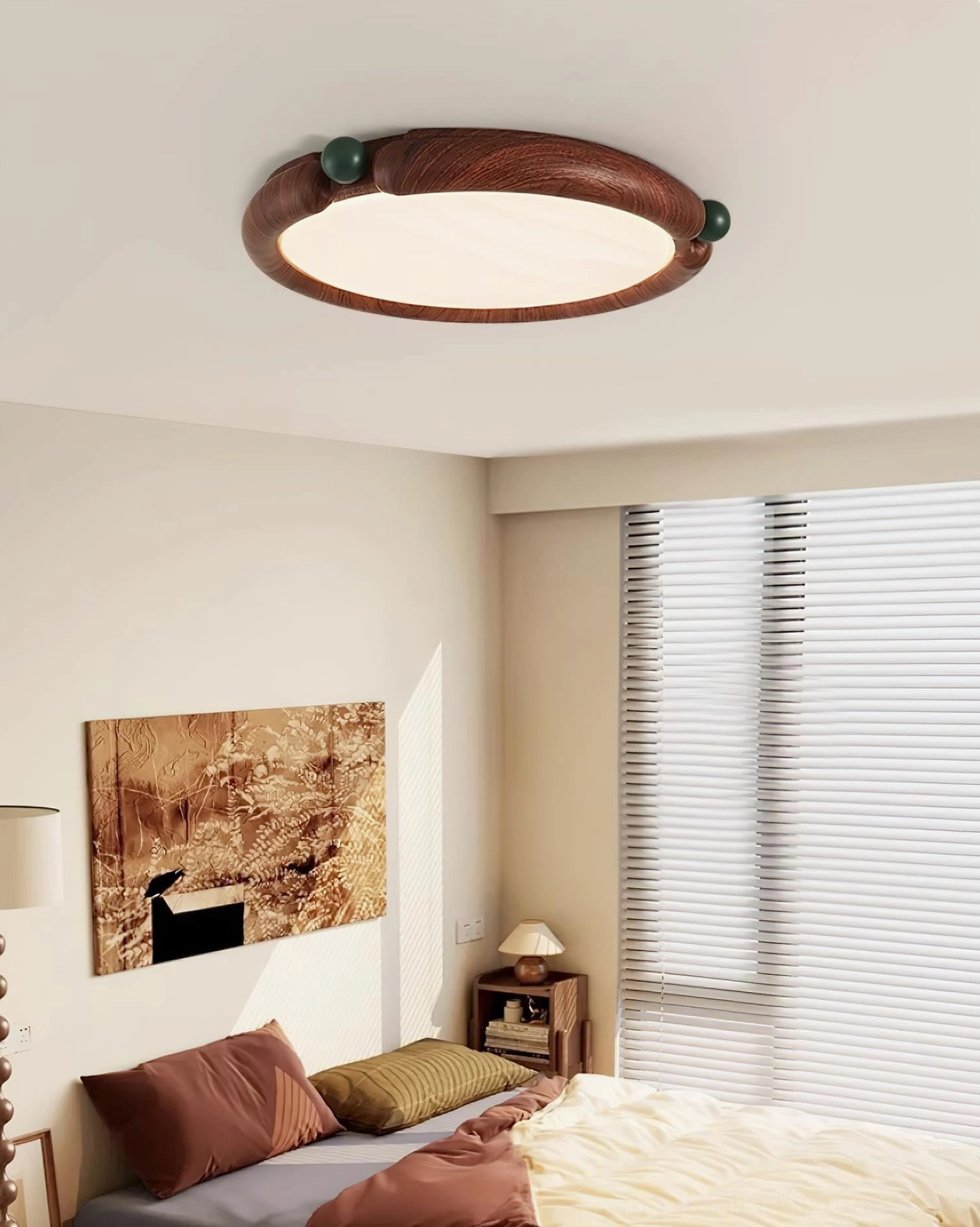 Modern wood-grain ceiling light fixture interior installation view