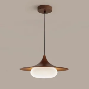 Side profile of contemporary wood-finish pendant lamp showing sculptural silhouette and ceiling canopy