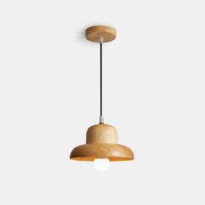 Modern wood hat pendant light with natural finish, minimalist design, exposed bulb against white studio background