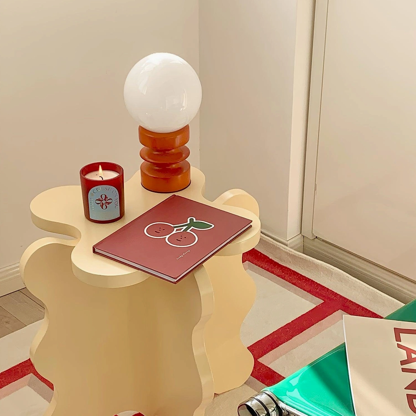 Minimalist wood table lamp on living room side table with Scandinavian decor styling