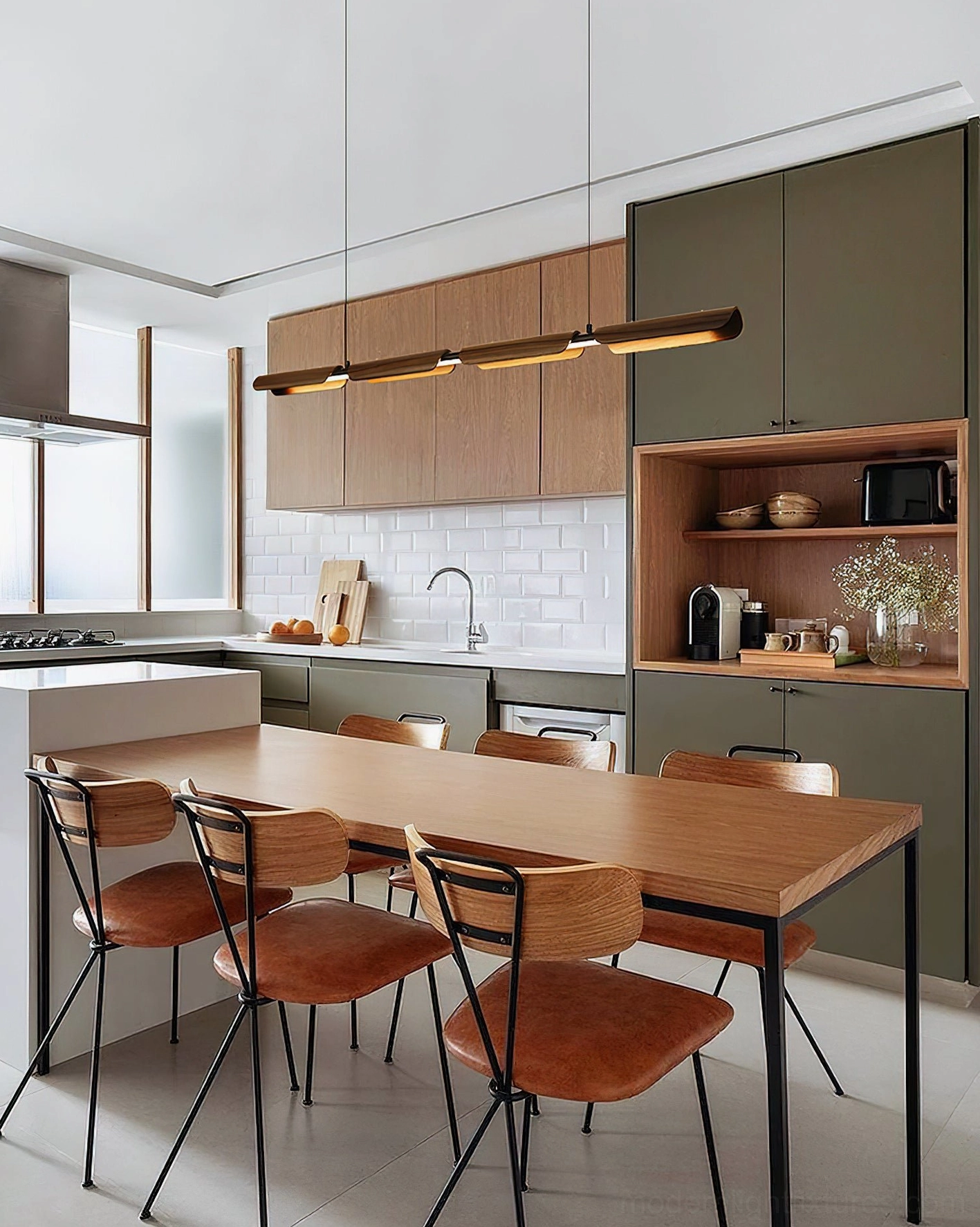 Contemporary wood chandelier in modern dining kitchen, coordinated with wooden furniture and neutral decor
