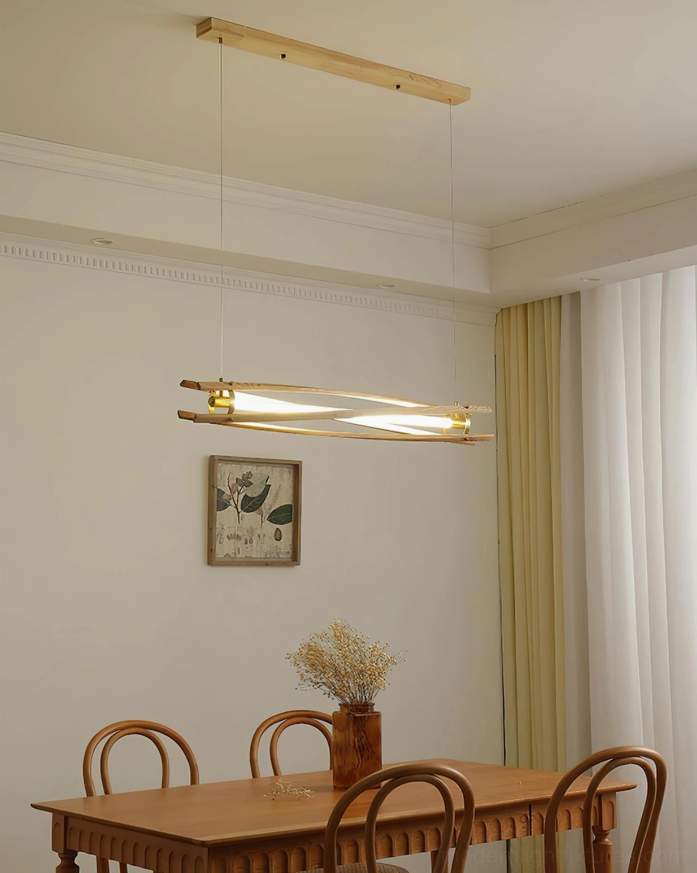 Natural wood linear LED chandelier above wooden dining table in formal dining room setting
