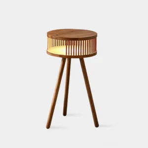 Modern wood storage floor lamp with natural light finish and slatted round shade, front view on white background showing integrated LED warm light