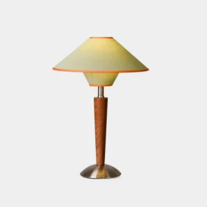 Mid-century modern wooden table lamp with conical fabric shade and orange trim, featuring brushed metal base on plain studio background