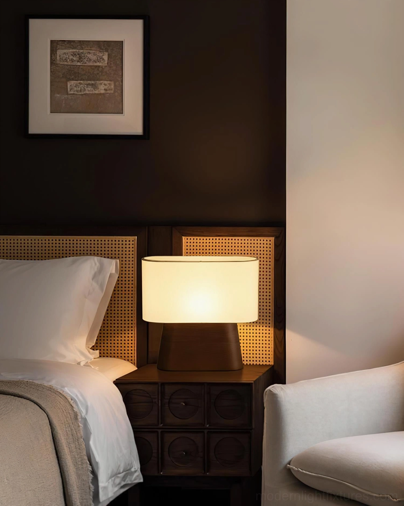 Modern wood table lamp illuminated in home interior displaying warm light distribution