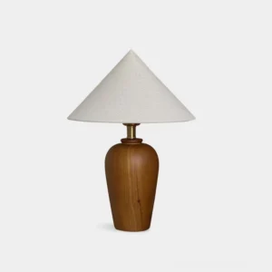 Handcrafted wood table lamp with conical linen shade on white background, modern minimalist design