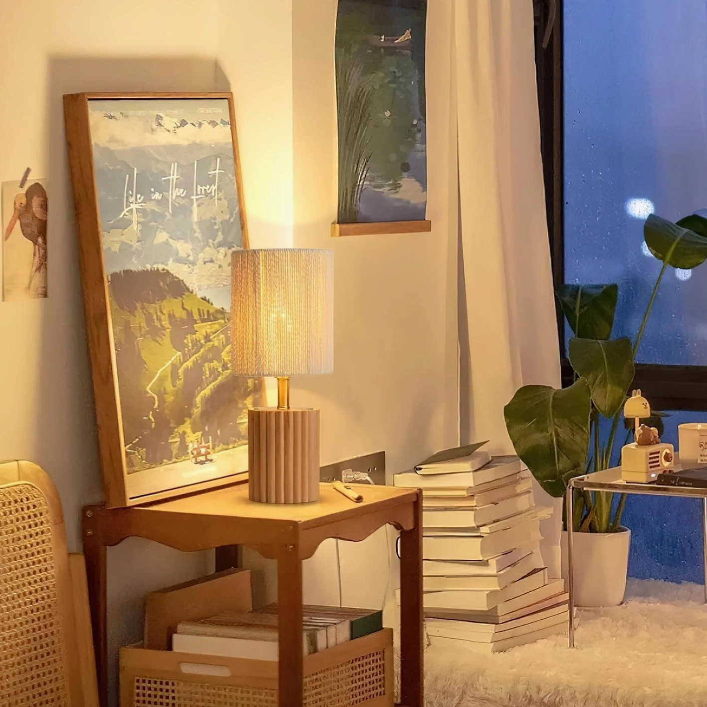 Modern grooved wood table lamp metal hardware and textured fabric shade quality construction