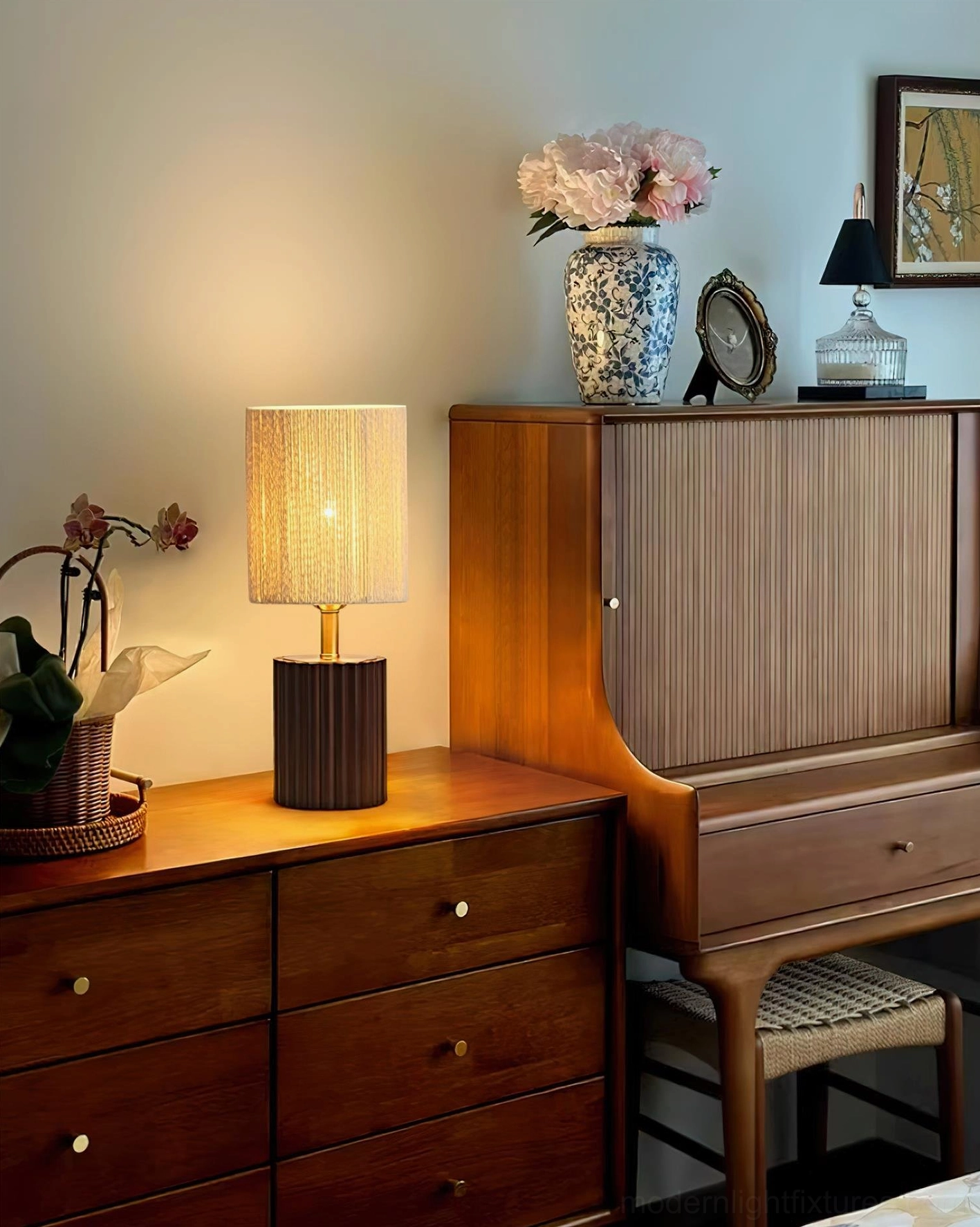 Modern wood base table lamp with rope-wrapped or woven fabric shade artisanal design