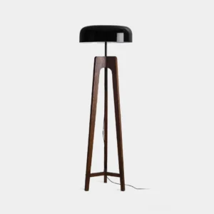 Modern tripod wood floor lamp with cylindrical shade - minimalist front view on white background