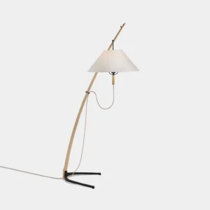 Modern wooden arc floor lamp with natural wood pole and beige fabric shade, minimalist Nordic design front view