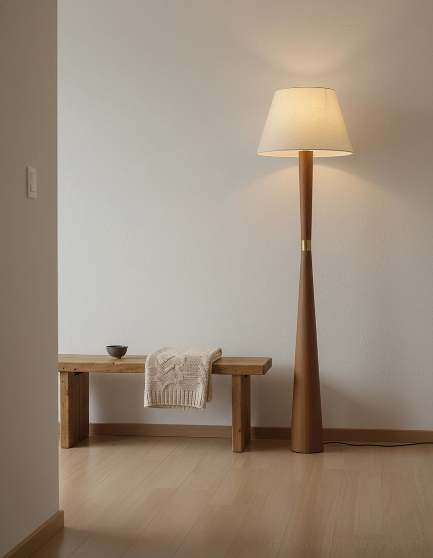 Tapered wood floor lamp providing warm ambient lighting in minimalist entryway with wooden bench