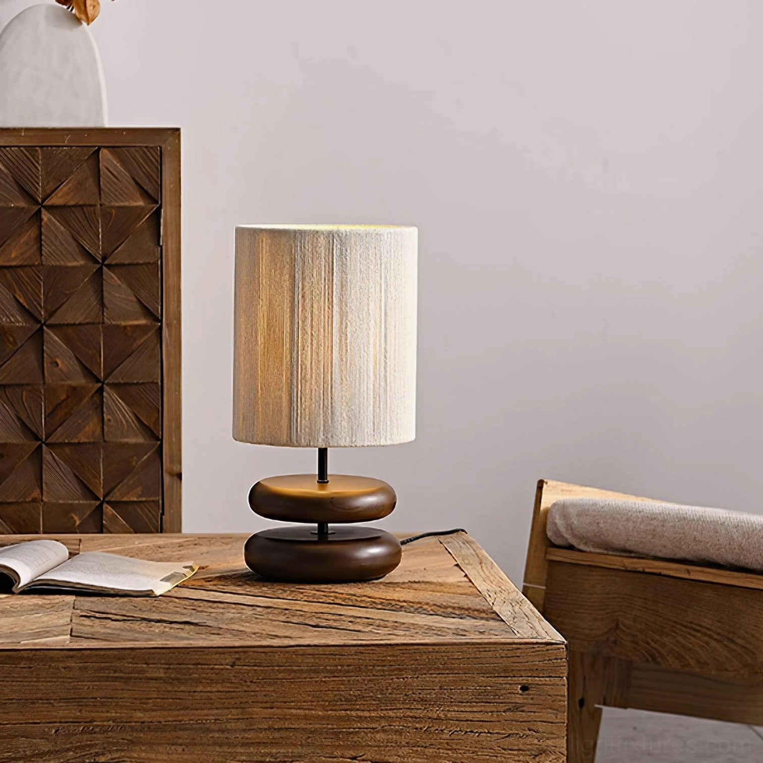 Modern wooden lamp with hand-turned base in contemporary home setting