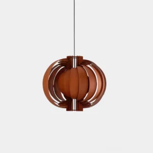 Mid-century modern spherical wooden lantern pendant light with natural wood finish, front view on white background