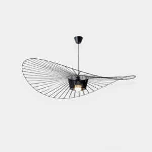 Woven fiber glass pendant lamp with asymmetrical wide brim design in matte black finish, modern sculptural lighting fixture