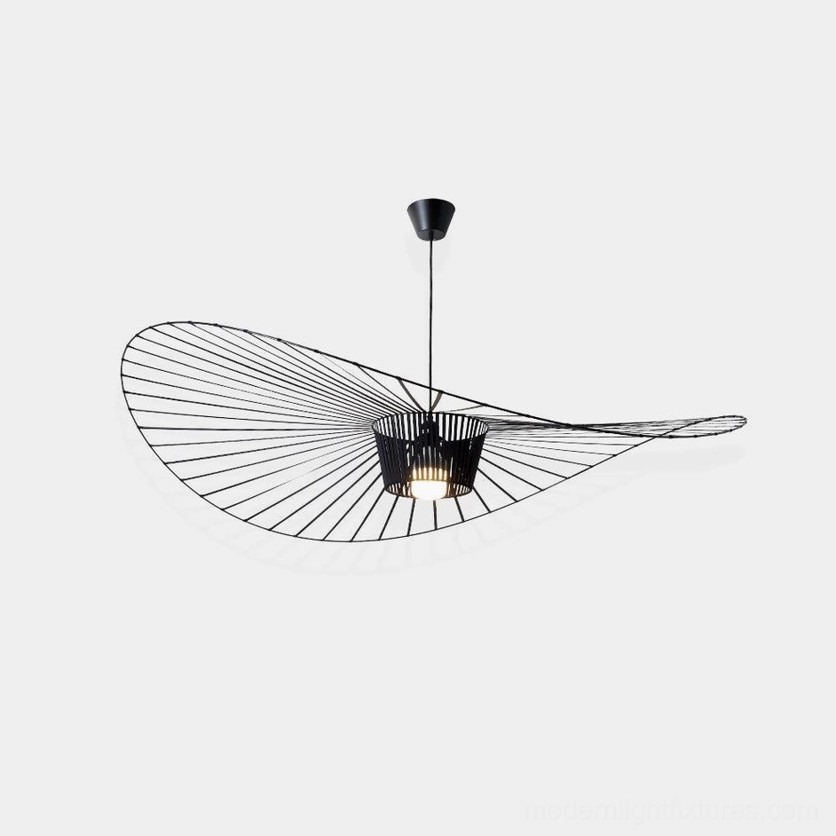 Woven fiber glass pendant lamp with asymmetrical wide brim design in matte black finish, modern sculptural lighting fixture