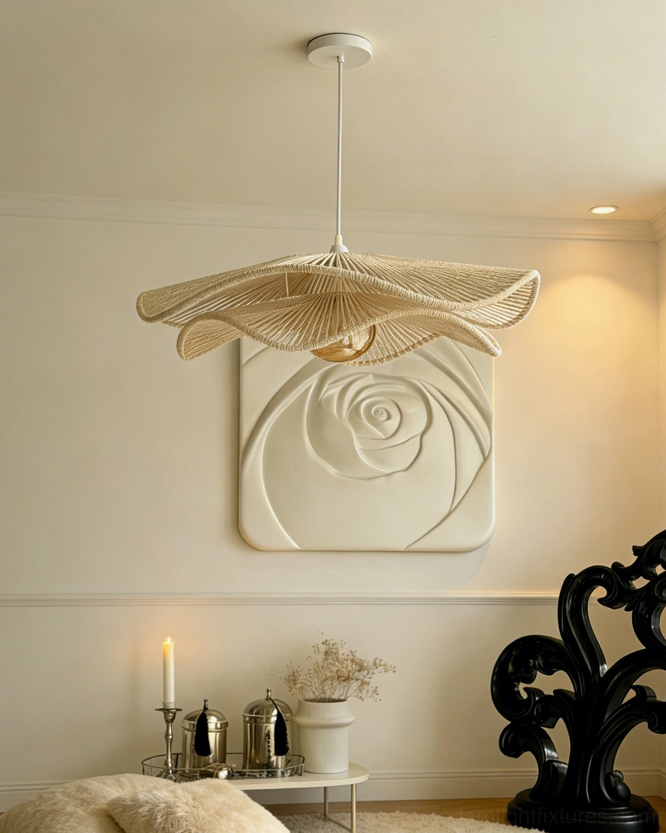 Modern woven hemp pendant light with natural beige rope shade and white metal frame, artisanal boho lighting for residential spaces