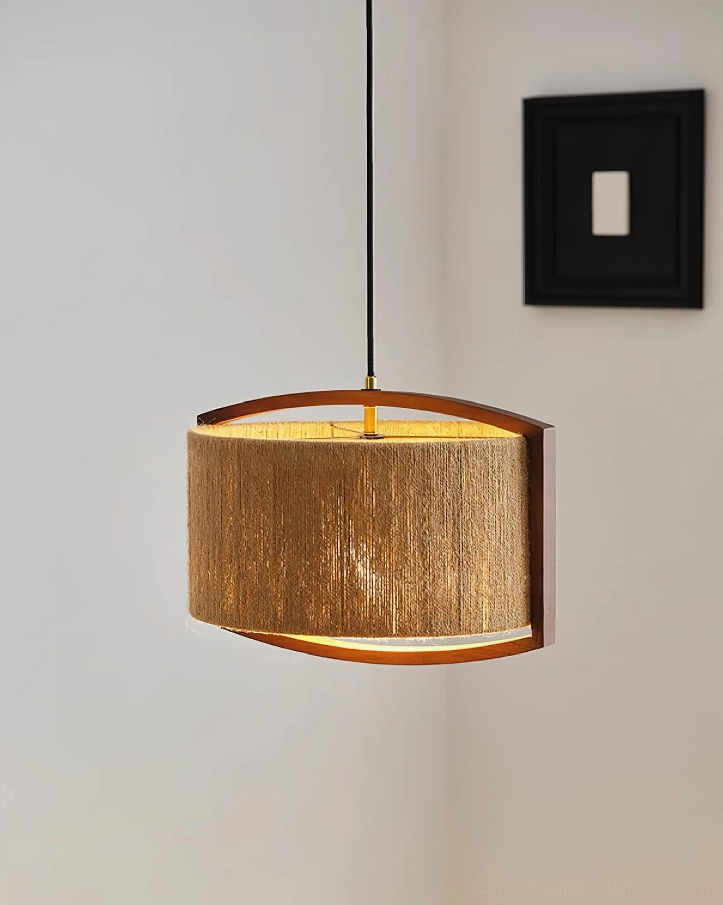 Contemporary cotton thread woven pendant light with walnut wood frame, minimalist neutral background
