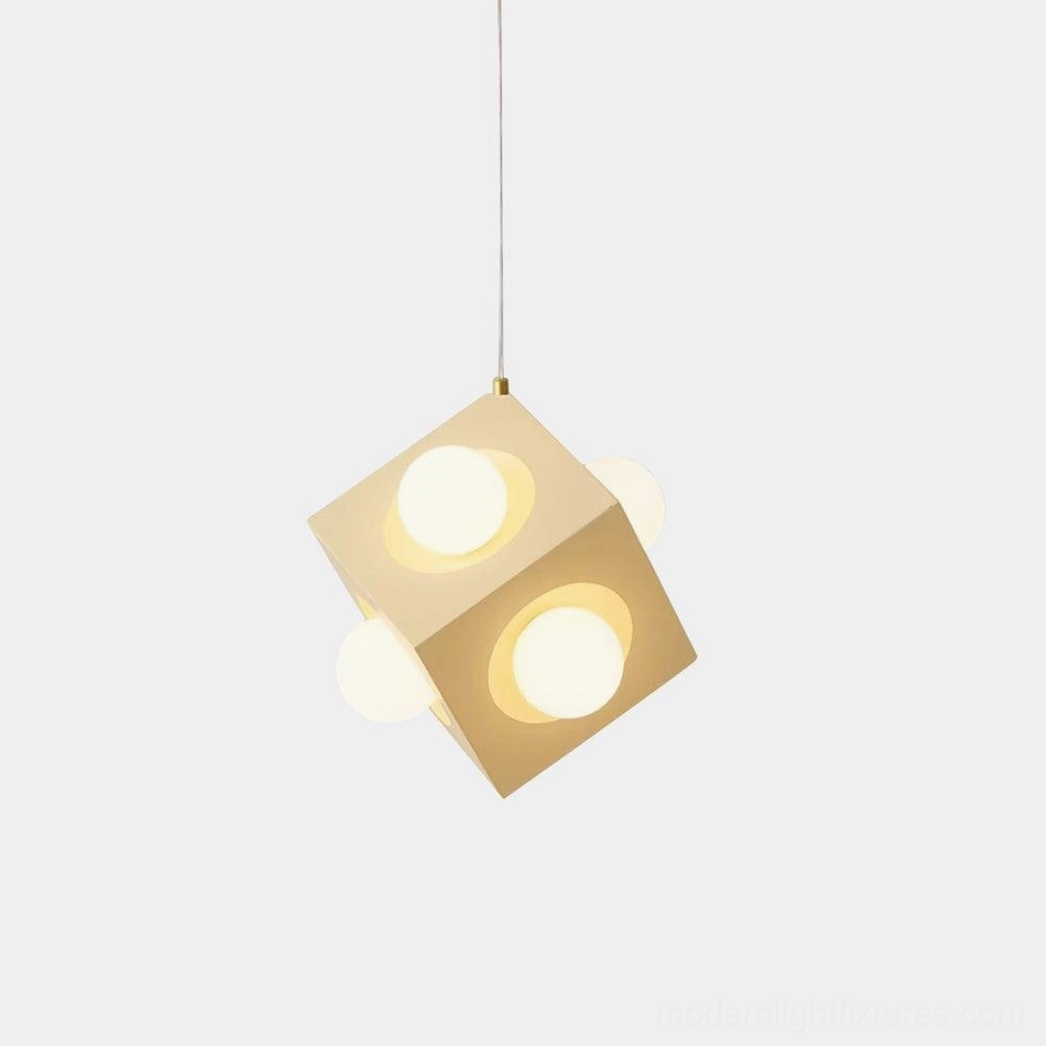 Modern yellow cubic pendant light with geometric design and integrated LED, front view on white background