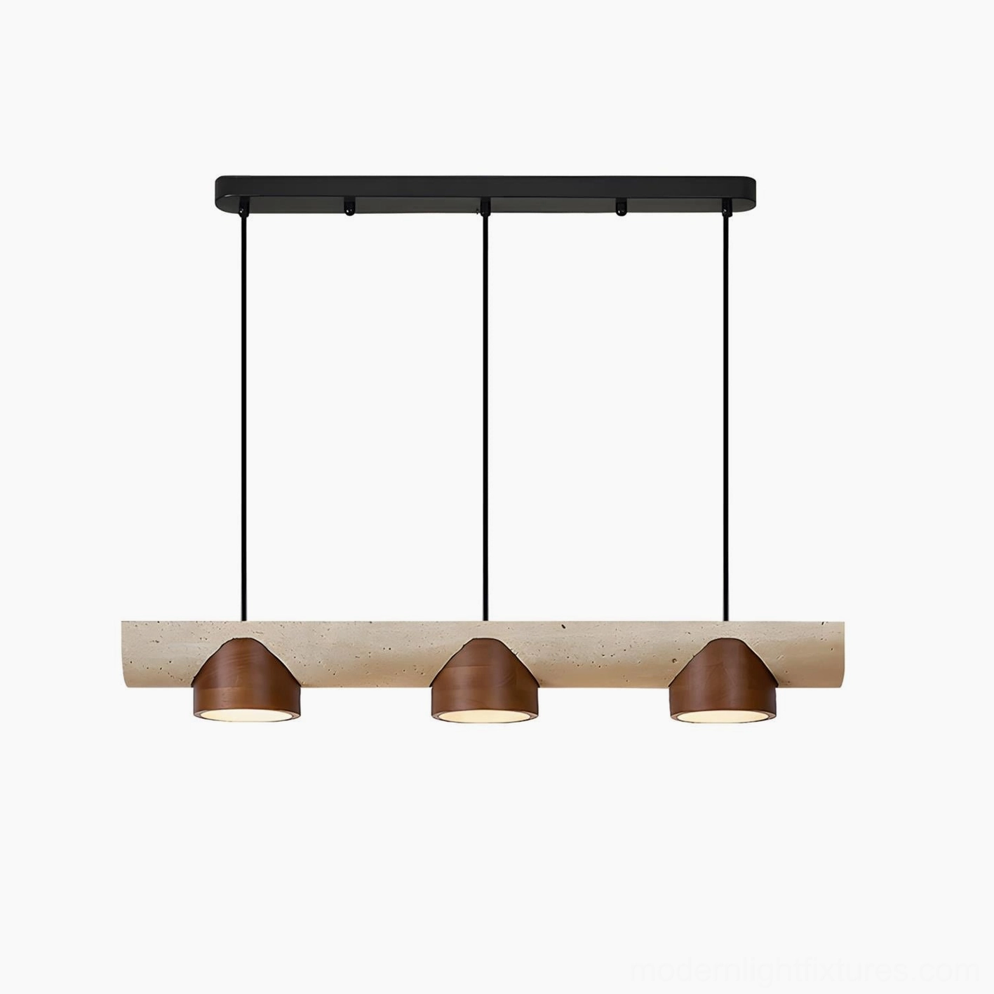 Modira linear pendant chandelier flat view with travertine base and black metal hardware minimalist design