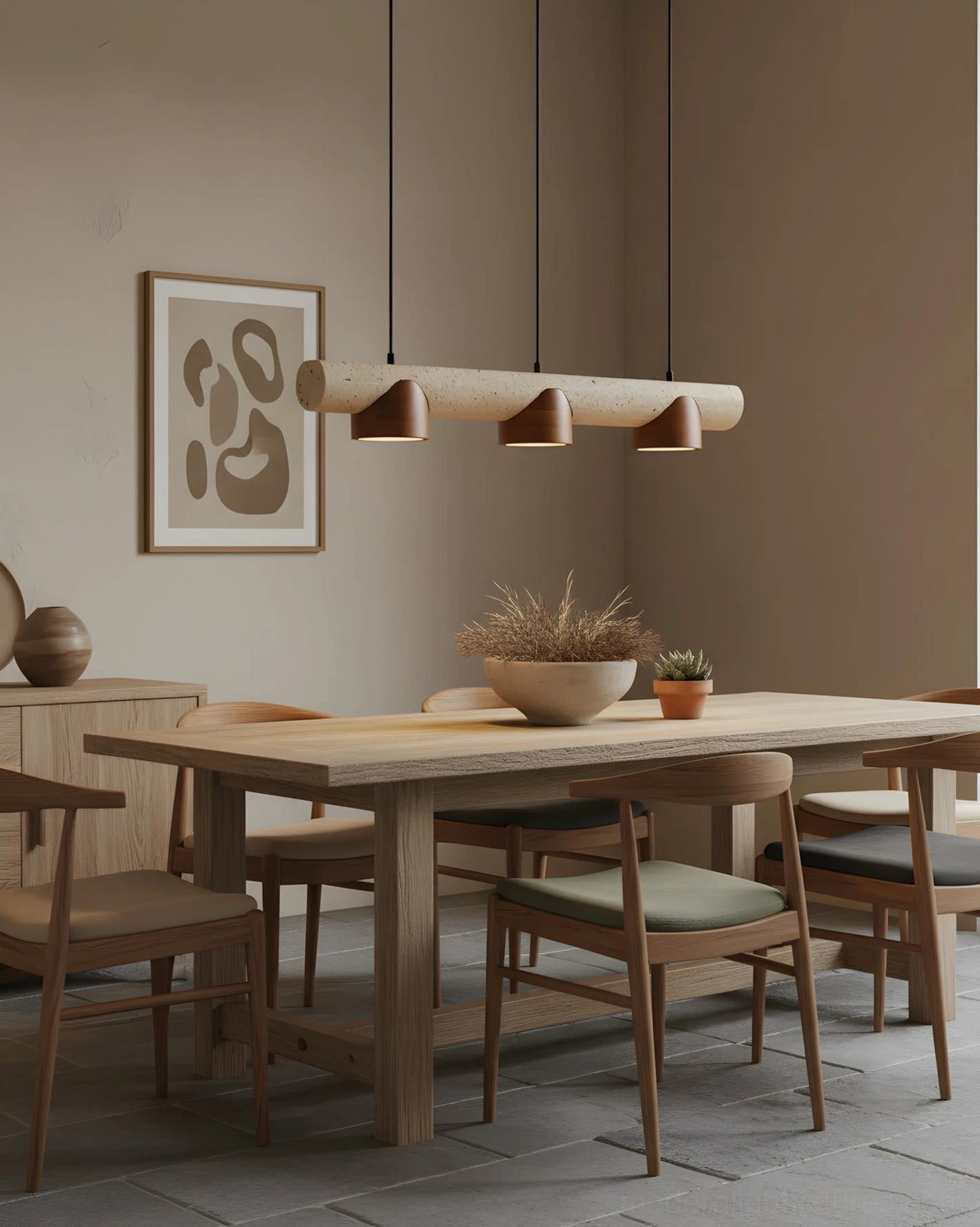 Three-light pendant fixture with curved stone travertine base in dining room with earthy home design style