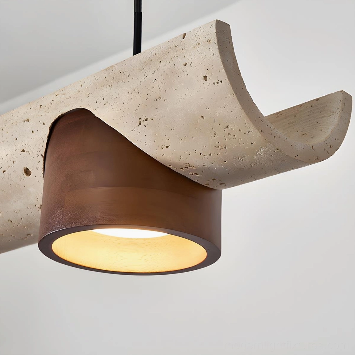 Contemporary linear pendant chandelier with natural travertine and wood materials modern home lighting solution