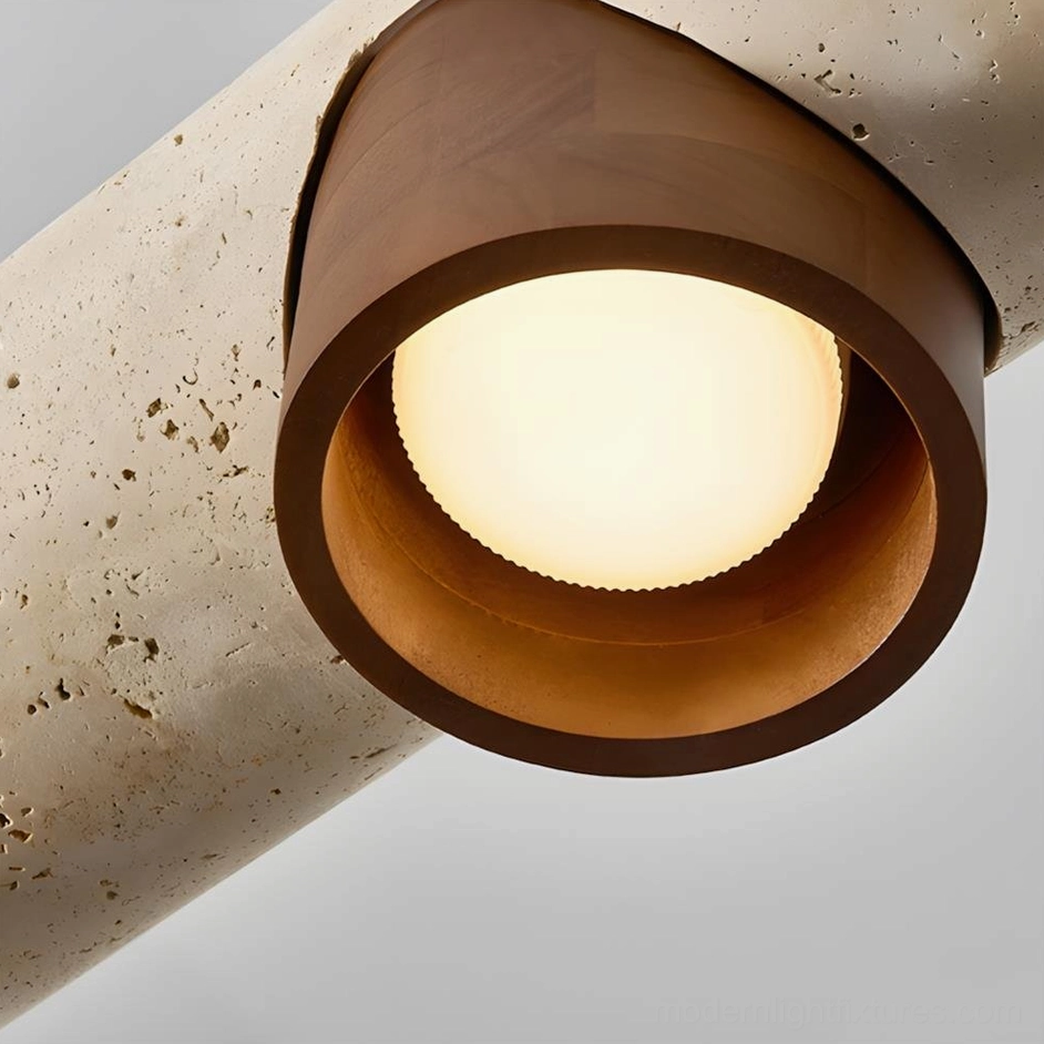 Modira linear pendant chandelier architectural design with travertine stone and wooden shade elements