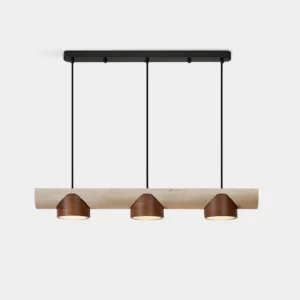 Modira 3-light linear pendant chandelier front view with travertine bar and wooden shades on white background