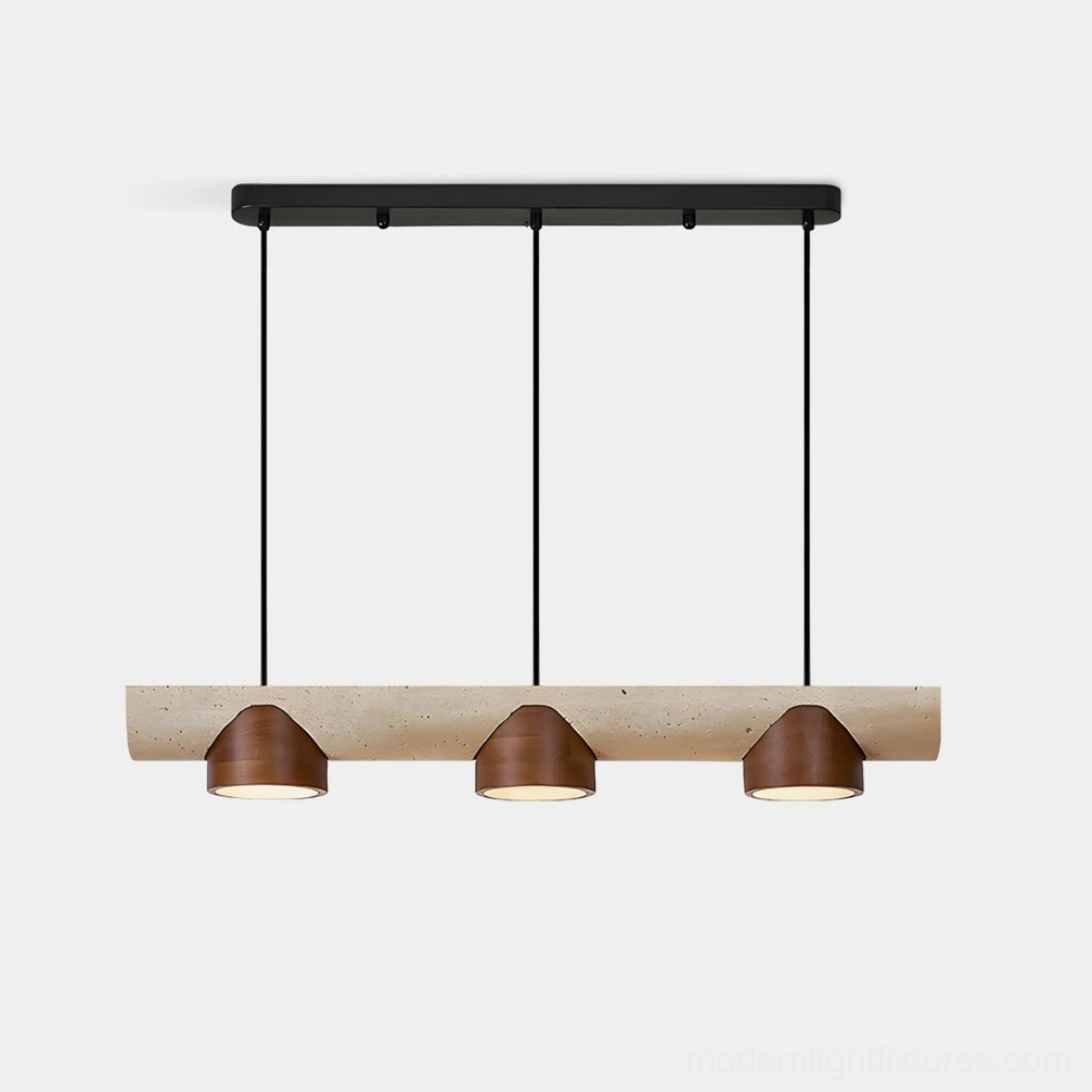 Modira 3-light linear pendant chandelier front view with travertine bar and wooden shades on white background