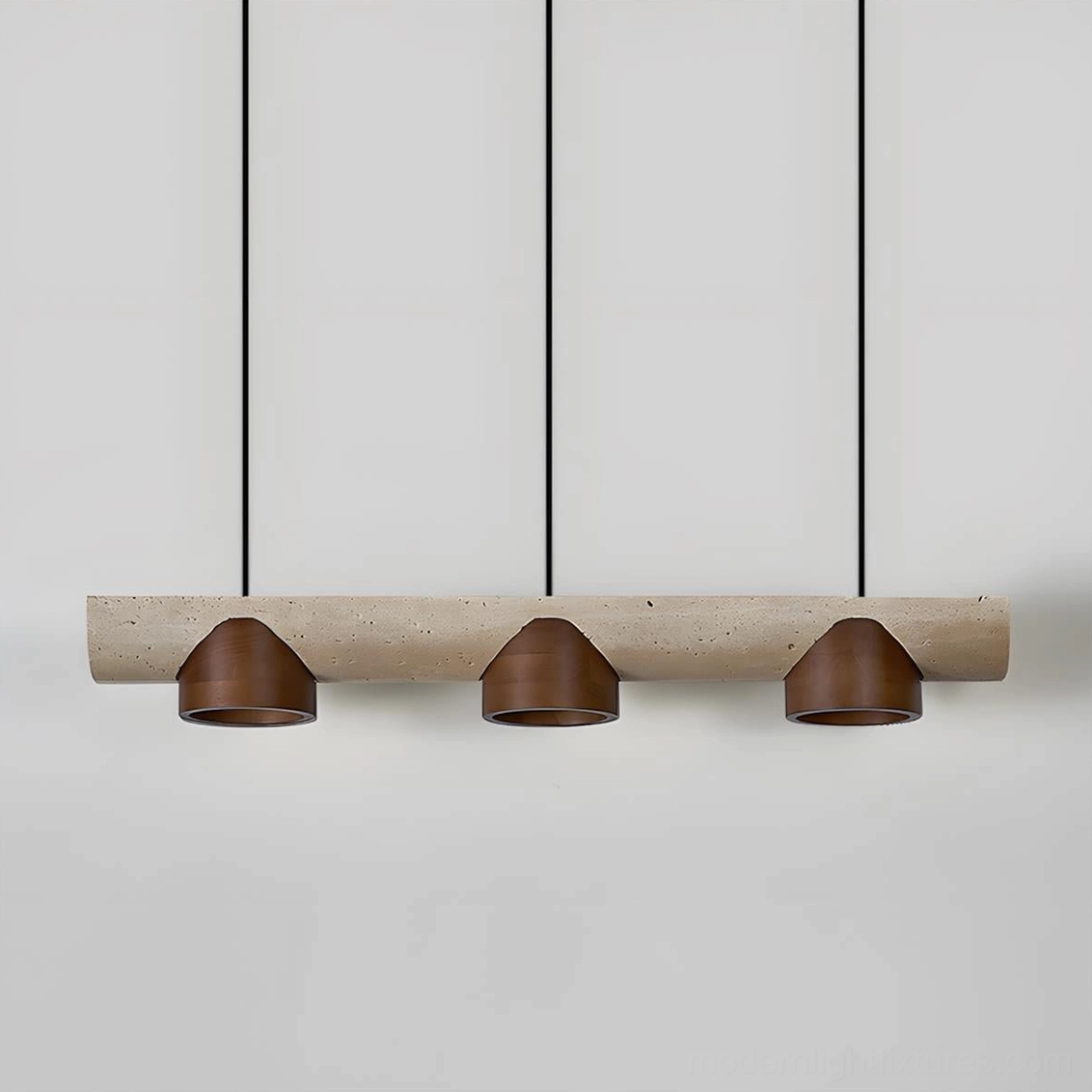 Three-light linear pendant chandelier Modira with natural wood and travertine materials contemporary style