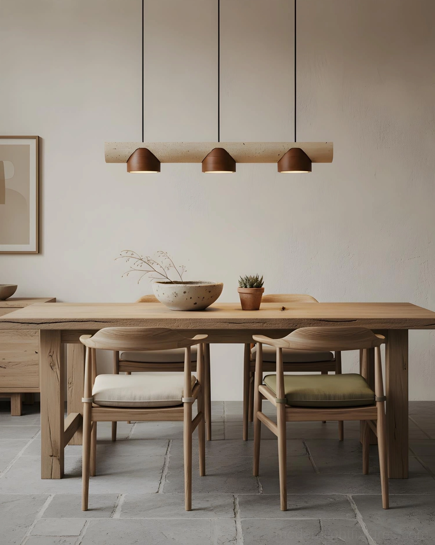 Modern linear pendant chandelier above wooden dining table with warm neutral home decor aesthetic