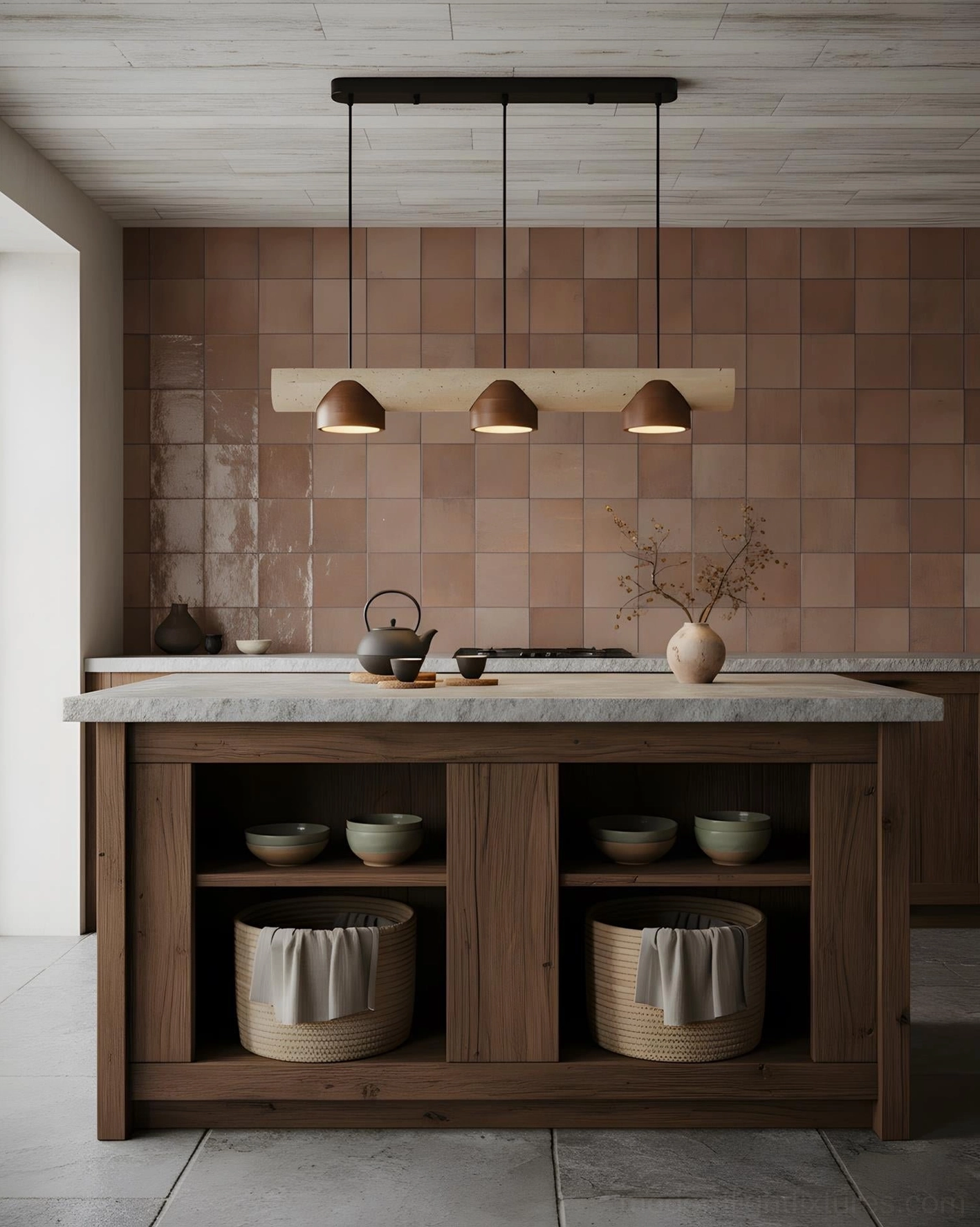 Modira pendant chandelier installed above kitchen island with warm ambient lighting in residential setting