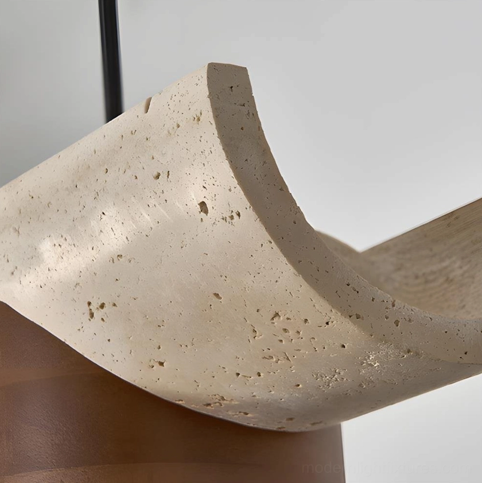 Modira modern pendant fixture with precision-shaped wooden shades and travertine cylindrical bar detail