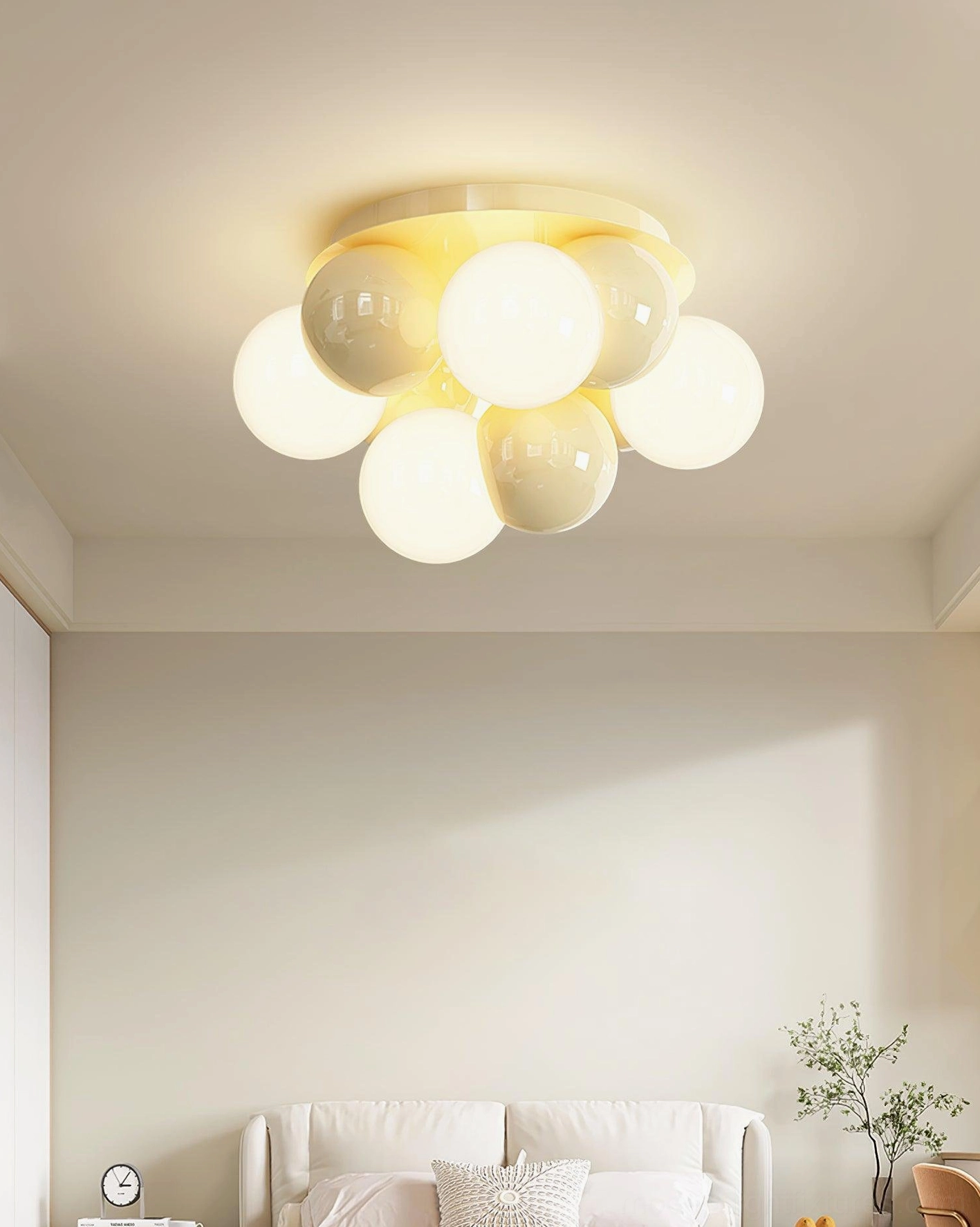 Modo Bubble cluster ceiling light installed in minimalist bedroom interior warm ambient lighting