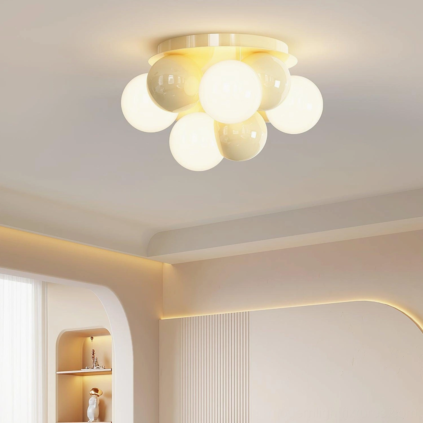Minimalist bedroom with curved ceiling featuring Modo Bubble light fixture gold base