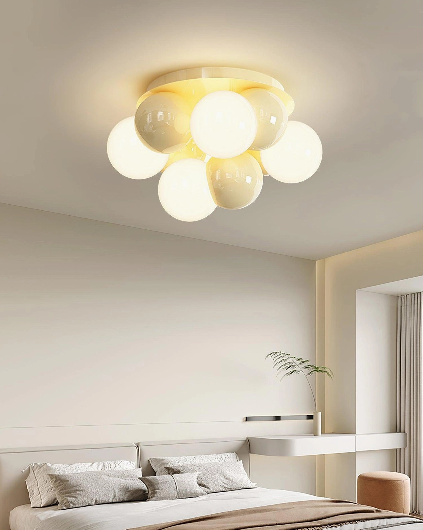 Modern bedroom with Modo Bubble ceiling light fixture study area low angle view
