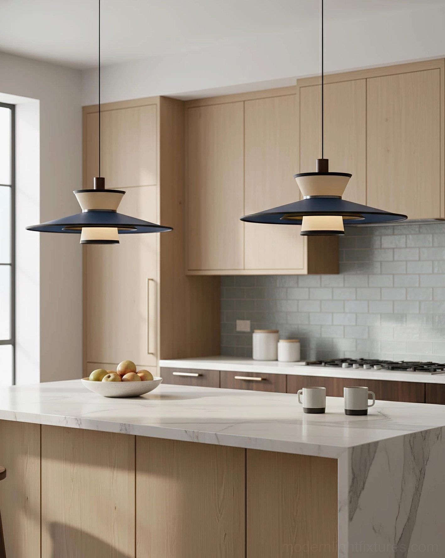Modula pendant light in black matte finish above kitchen island, minimalist light wood kitchen design