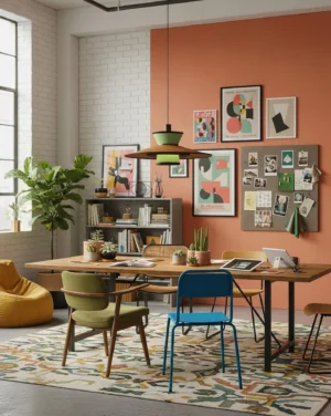Modula pendant light hanging above wooden dining table in retro open-plan dining and work space