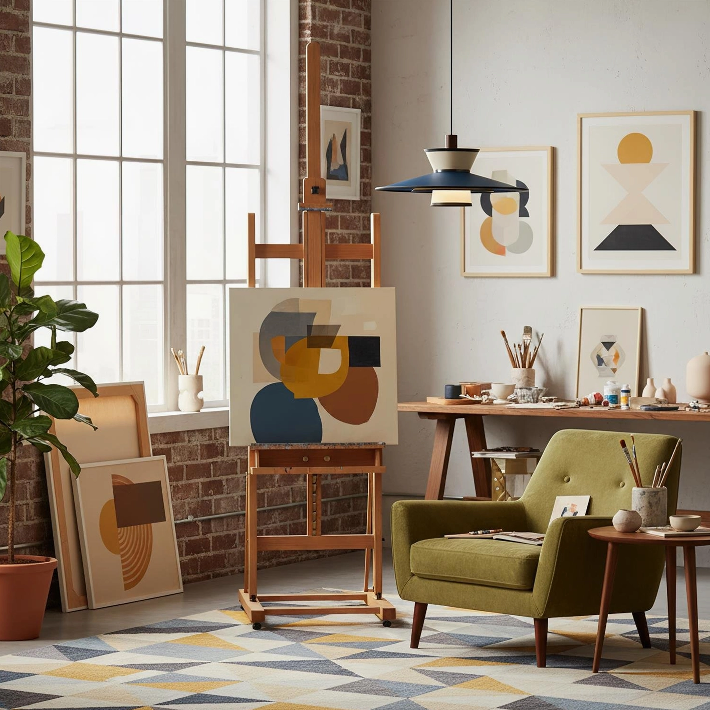 Mid-century modern Modula pendant light in styled interior, architectural geometric design