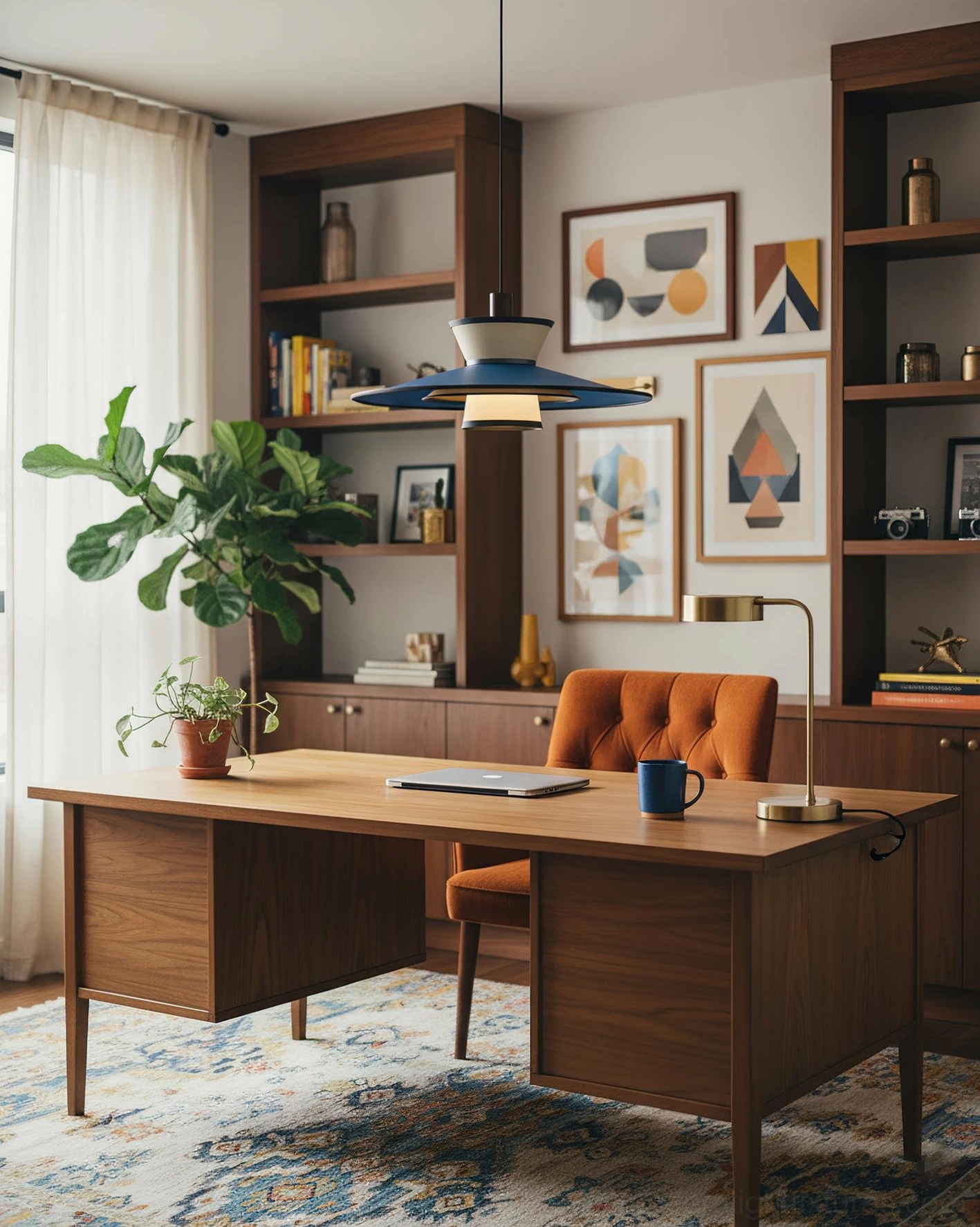Mid-century modern pendant light fixture above wooden desk in contemporary home office with wall art