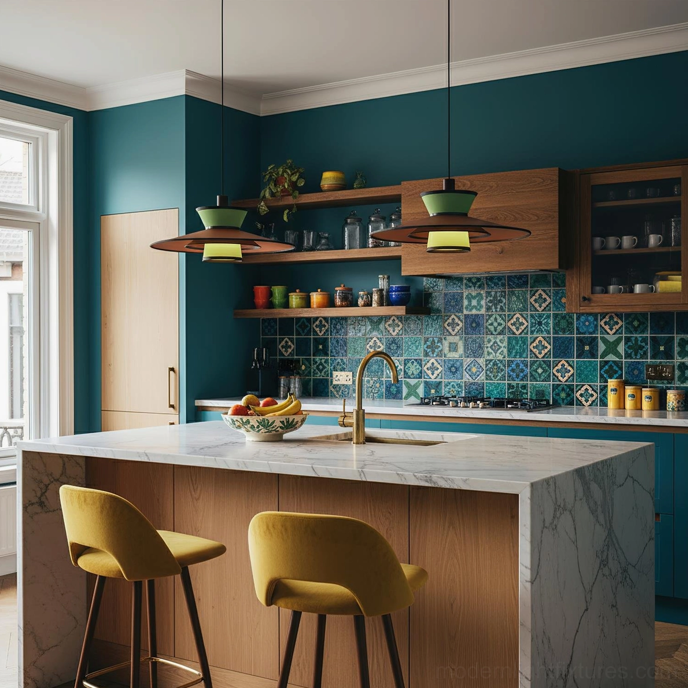 Geometric tiered pendant light above marble kitchen island in retro tiled kitchen space