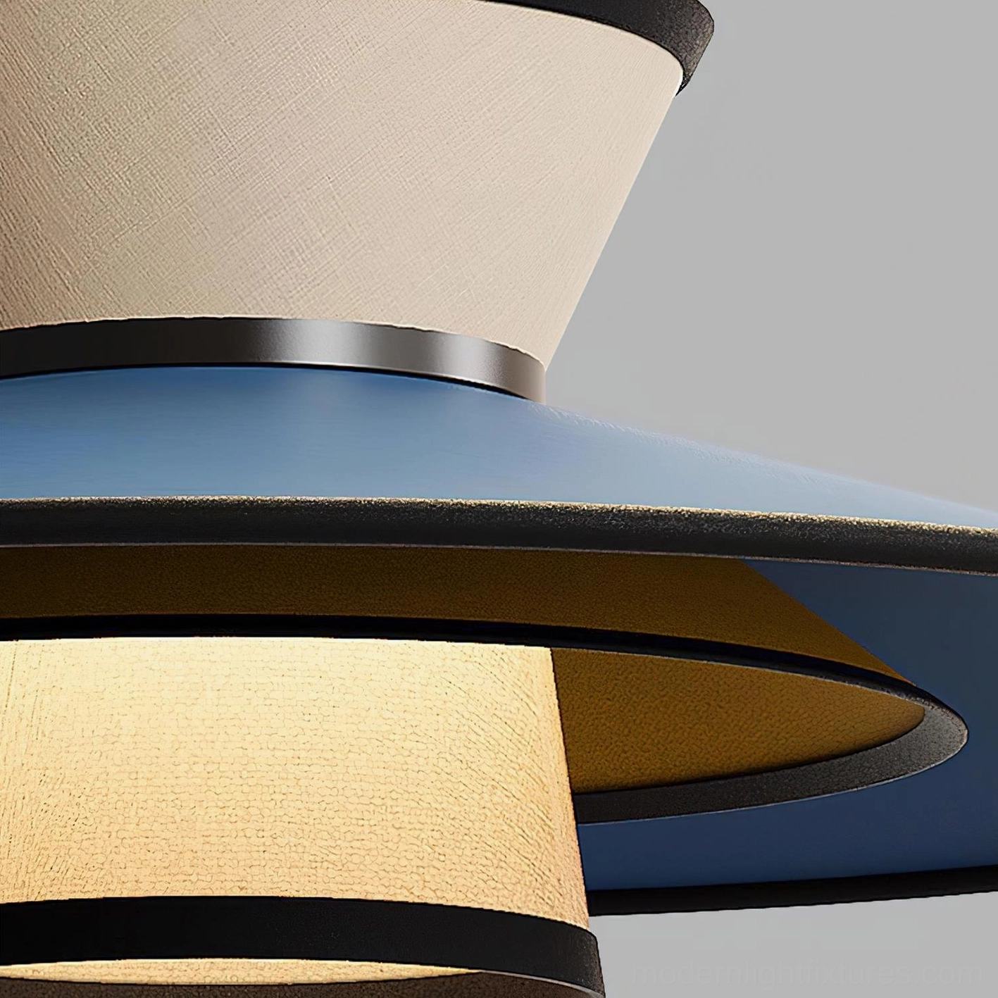 Modula pendant light close-up detail, geometric tiered fabric shade construction and design