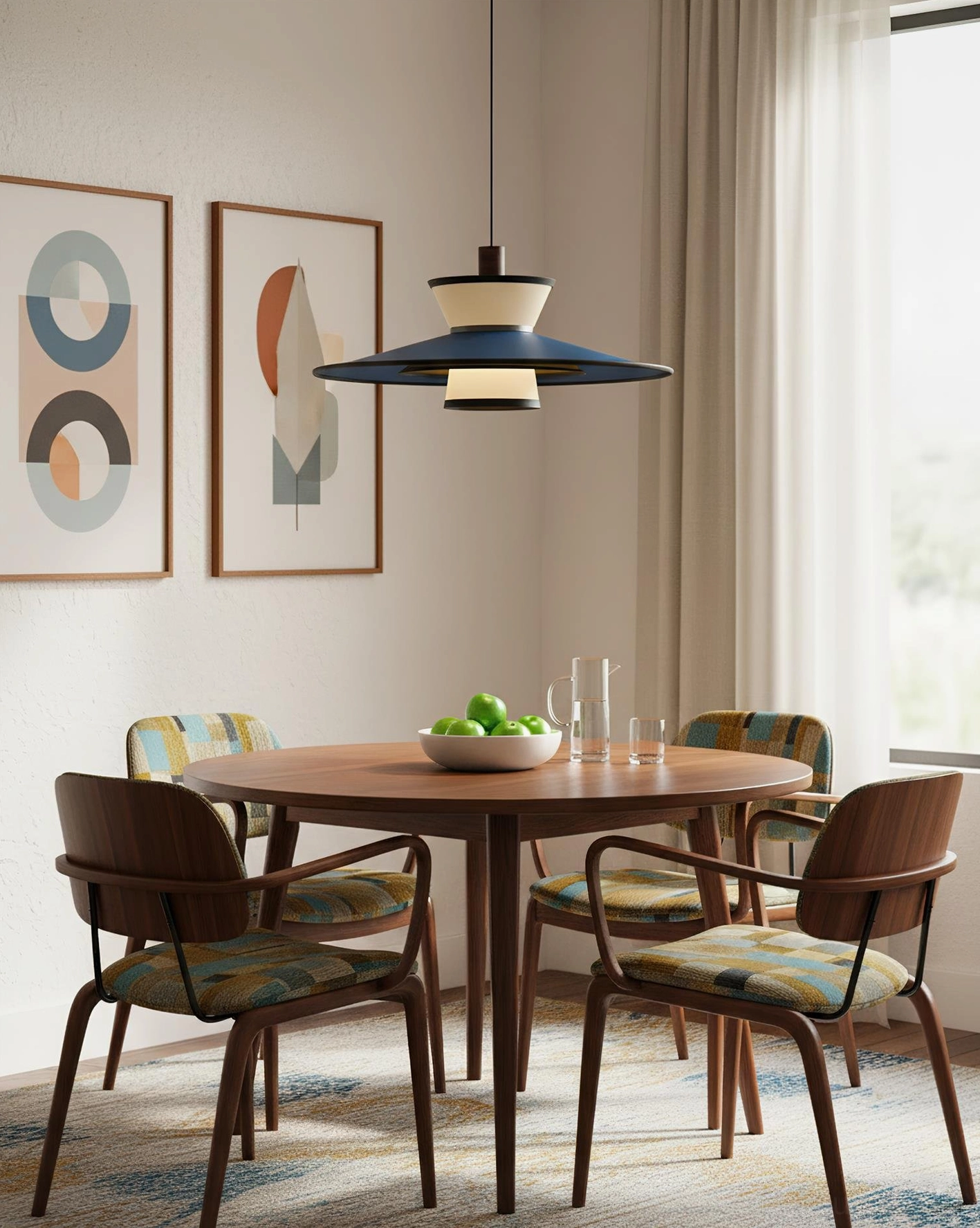 Modula geometric pendant light fixture hanging detail, showing tiered cone-shaped structure