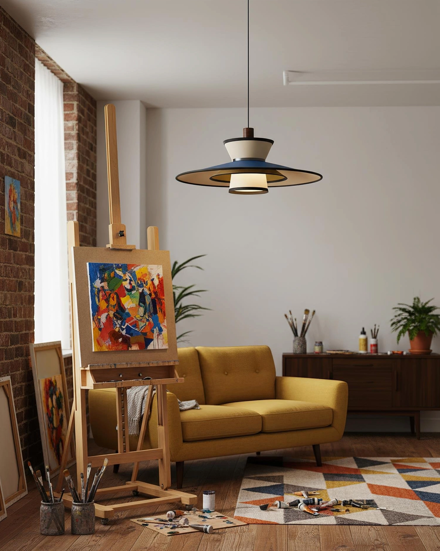 Modula pendant light installation detail, showing fabric shade construction and metal framework