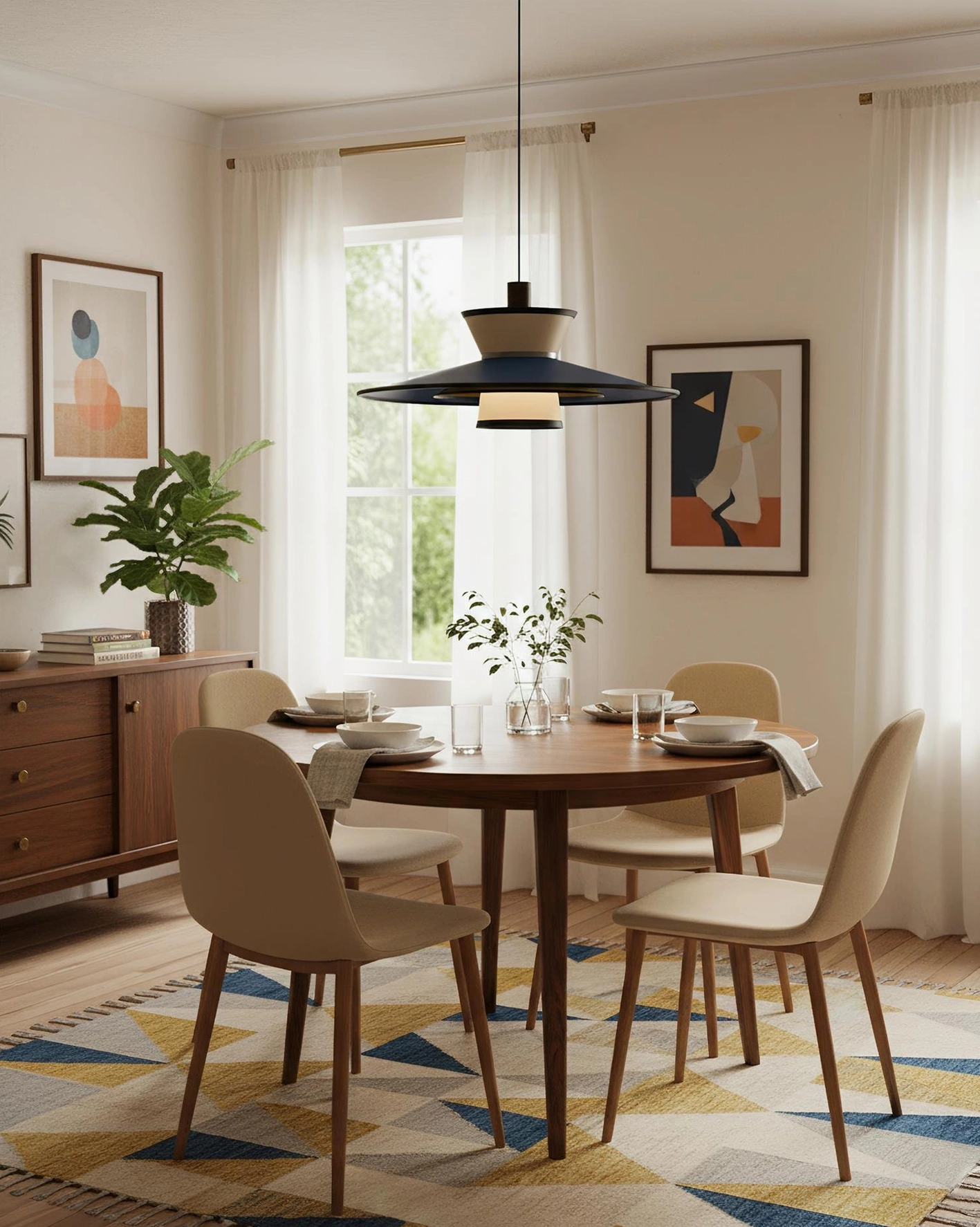 Modula geometric pendant light fixture showcasing sculptural tiered disc design and color blocking