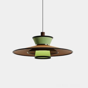 Modula geometric pendant light with tiered fabric shades, front view studio shot showing structured disc layers