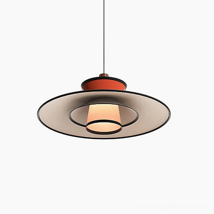 Modula pendant light in red color variant, sculptural geometric tiered fabric shade fixture
