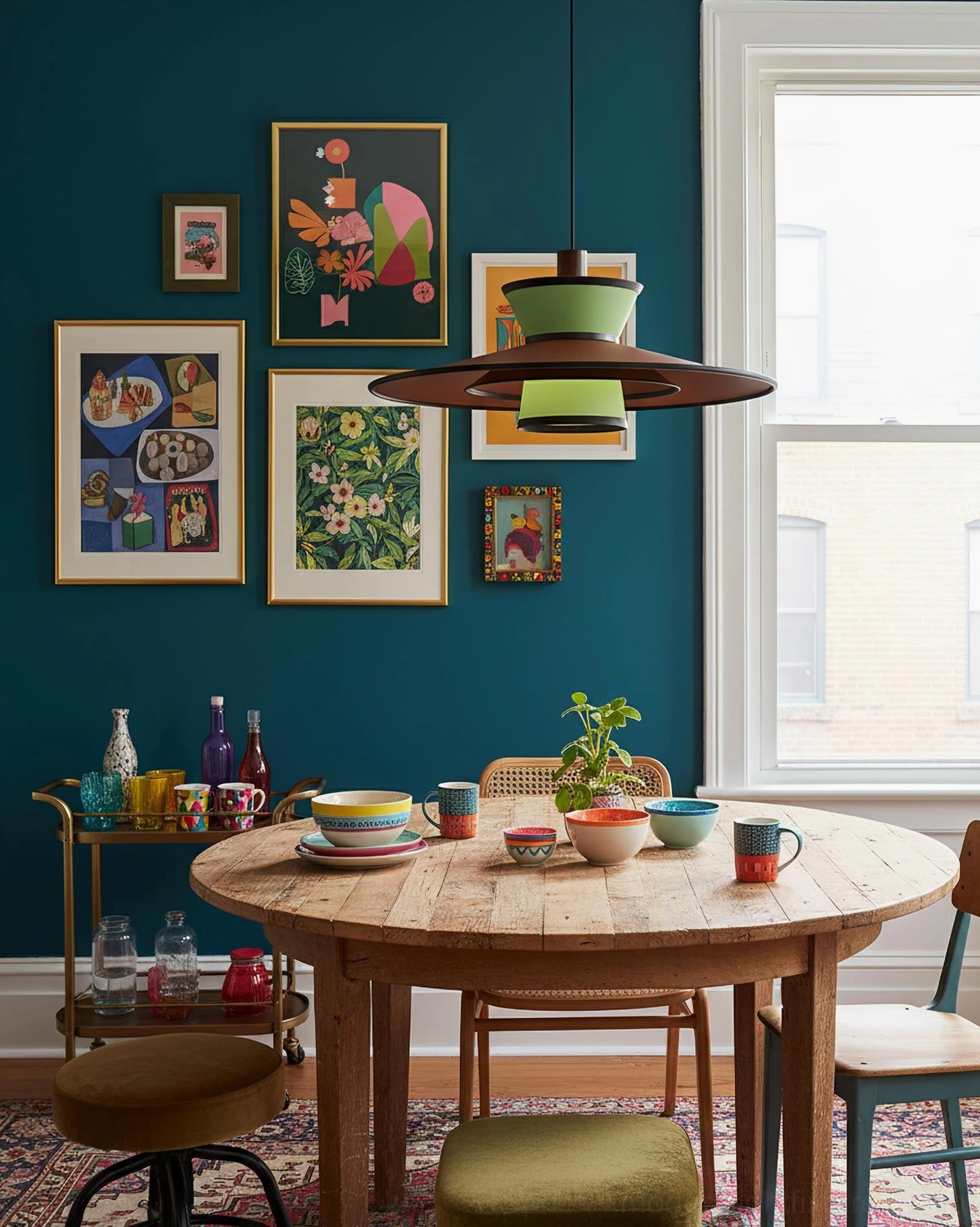 Modern tiered pendant lamp in teal dining area, suspended above round wooden dining table