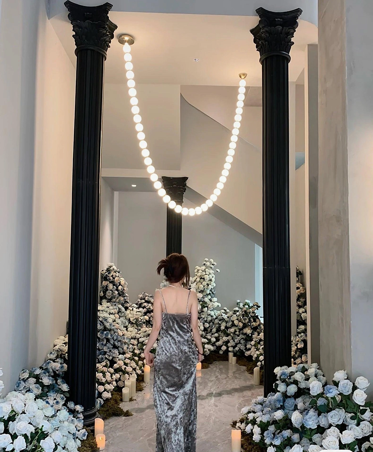 Contemporary pearl chandelier showing modular design capability and customizable sphere arrangement