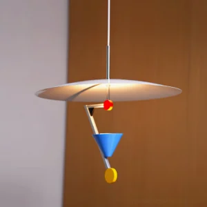 Illuminated Modulo modern pendant lamp emitting warm 3000K light with suspended cone and matte disc diffuser